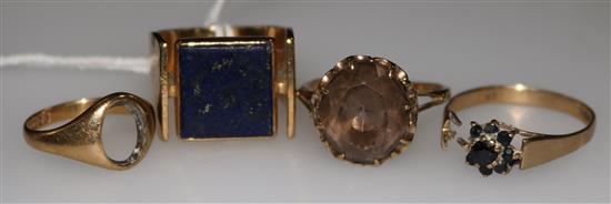 A gold and lapis lazuli ring and three 9ct gold rings (a.f.).